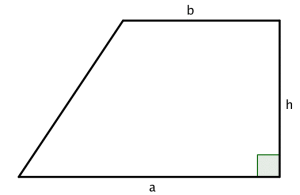 Trapes hvor de to parallelle sidene har lengde a og b og avstanden mellom de to parallelle sidene er h lang.